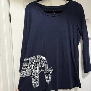Crown & Ivy Navy Long Sleeve Shirt with Tribal Elephant Size M